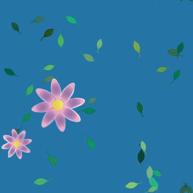 basit renkli çiçekleri olan serbest kompozisyon ve duvar kağıdı için yeşil yapraklar, vektör illüstrasyonu