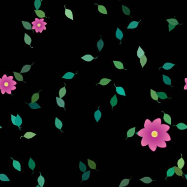 basit renkli çiçekleri olan serbest kompozisyon ve duvar kağıdı için yeşil yapraklar, vektör illüstrasyonu