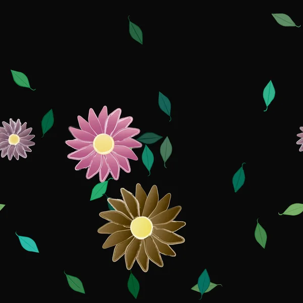 Mooie Compositie Met Eenvoudige Gekleurde Bloemen Groene Bladeren Vector Illustratie — Stockvector