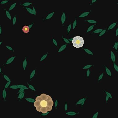 basit renkli çiçekleri olan serbest kompozisyon ve duvar kağıdı için yeşil yapraklar, vektör illüstrasyonu