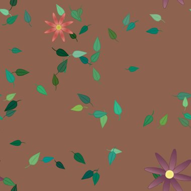 Basit renkli çiçekleri ve yeşil yaprakları olan güzel kompozisyon, vektör illüstrasyonu  