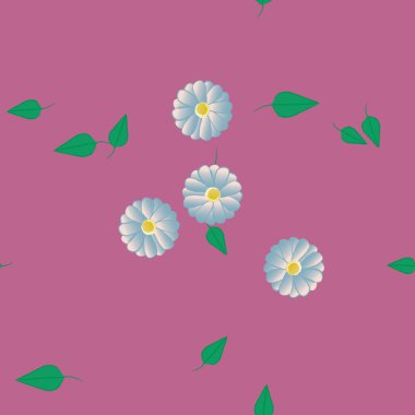 basit renkli çiçekleri olan serbest kompozisyon ve duvar kağıdı için yeşil yapraklar, vektör illüstrasyonu