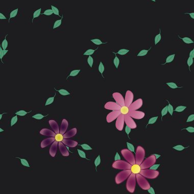 Basit renkli çiçekleri ve yeşil yaprakları olan güzel kompozisyon, vektör illüstrasyonu  