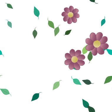 Basit renkli çiçekleri ve yeşil yaprakları olan güzel kompozisyon, vektör illüstrasyonu  