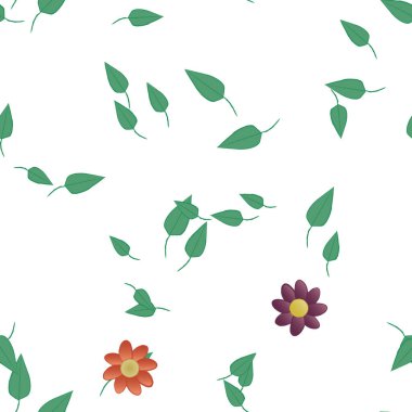 Basit renkli çiçekleri ve yeşil yaprakları olan güzel kompozisyon, vektör illüstrasyonu  