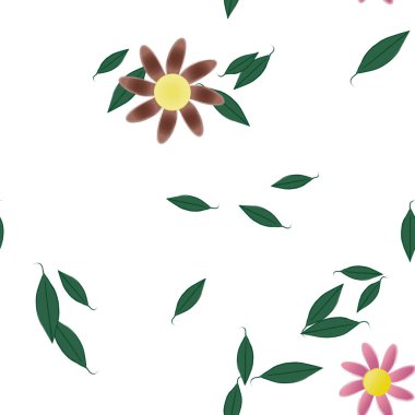 Basit renkli çiçekleri ve yeşil yaprakları olan güzel kompozisyon, vektör illüstrasyonu  