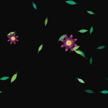 basit renkli çiçekleri olan serbest kompozisyon ve duvar kağıdı için yeşil yapraklar, vektör illüstrasyonu