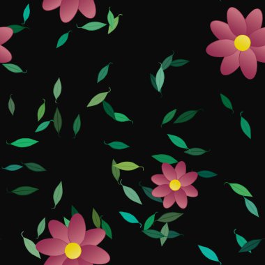 basit renkli çiçekleri olan serbest kompozisyon ve duvar kağıdı için yeşil yapraklar, vektör illüstrasyonu