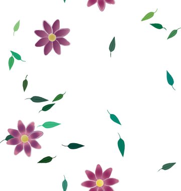 basit renkli çiçekleri olan serbest kompozisyon ve duvar kağıdı için yeşil yapraklar, vektör illüstrasyonu