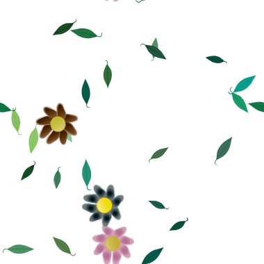 Basit renkli çiçekleri ve yeşil yaprakları olan güzel kompozisyon, vektör illüstrasyonu  