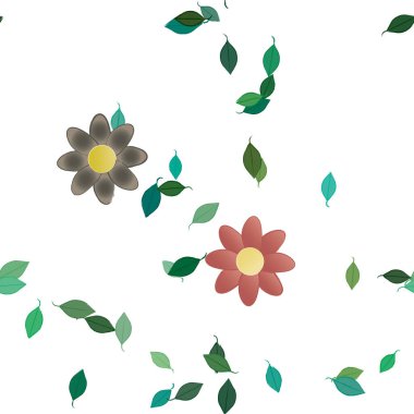 Basit renkli çiçekleri ve yeşil yaprakları olan güzel kompozisyon, vektör illüstrasyonu  