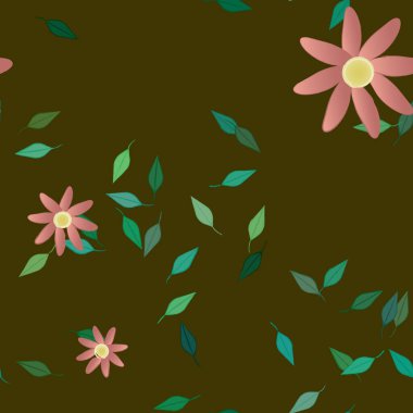 Basit renkli çiçekleri ve yeşil yaprakları olan güzel kompozisyon, vektör illüstrasyonu  