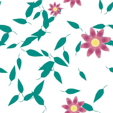 basit renkli çiçekleri olan serbest kompozisyon ve duvar kağıdı için yeşil yapraklar, vektör illüstrasyonu