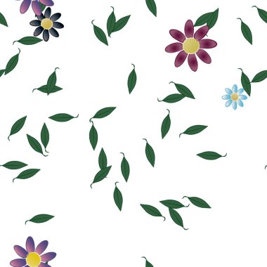 Basit renkli çiçekleri ve yeşil yaprakları olan güzel kompozisyon, vektör illüstrasyonu  