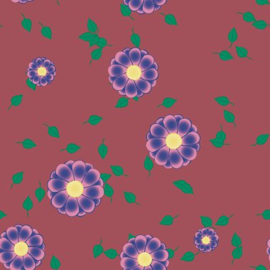 Basit renkli çiçekleri ve yeşil yaprakları olan güzel kompozisyon, vektör illüstrasyonu  