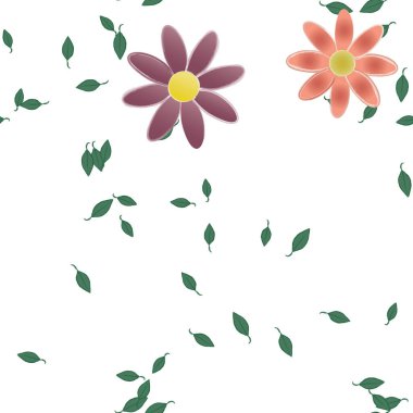 Basit renkli çiçekleri ve yeşil yaprakları olan güzel kompozisyon, vektör illüstrasyonu  