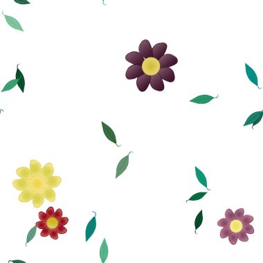 Basit renkli çiçekleri ve yeşil yaprakları olan güzel kompozisyon, vektör illüstrasyonu  