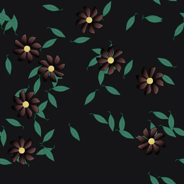 Mooie Compositie Met Eenvoudige Gekleurde Bloemen Groene Bladeren Vector Illustratie — Stockvector