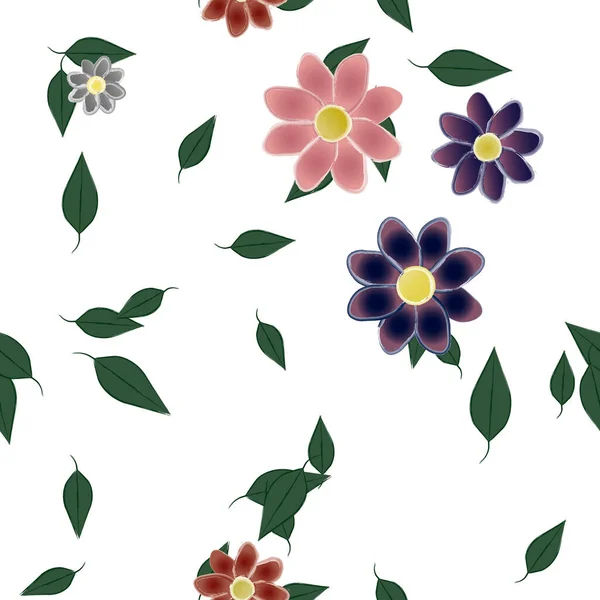 Mooie Compositie Met Eenvoudige Gekleurde Bloemen Groene Bladeren Vector Illustratie — Stockvector