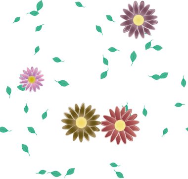 Basit renkli çiçekleri ve yeşil yaprakları olan güzel kompozisyon, vektör illüstrasyonu  