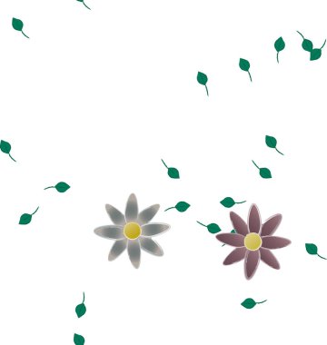 Basit renkli çiçekleri ve yeşil yaprakları olan güzel kompozisyon, vektör illüstrasyonu  