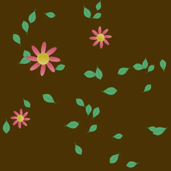 Mooie Compositie Met Eenvoudige Gekleurde Bloemen Groene Bladeren Vector Illustratie — Stockvector