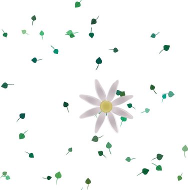 Basit renkli çiçeklerle kusursuz desen ve duvar kağıdı için yeşil yapraklar, vektör illüstrasyonu