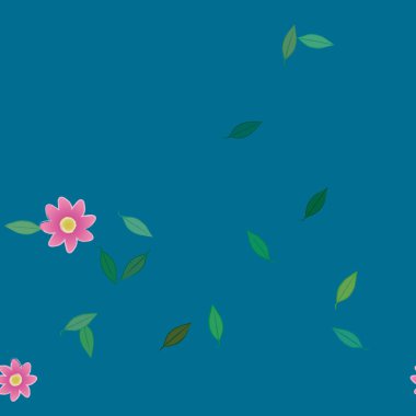 Basit renkli çiçeklerle kusursuz desen ve duvar kağıdı için yeşil yapraklar, vektör illüstrasyonu