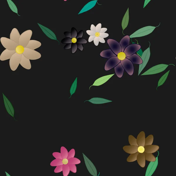 Abstrakte Blumen Mit Grünen Blättern Nahtloser Hintergrund Vektorillustration — Stockvektor