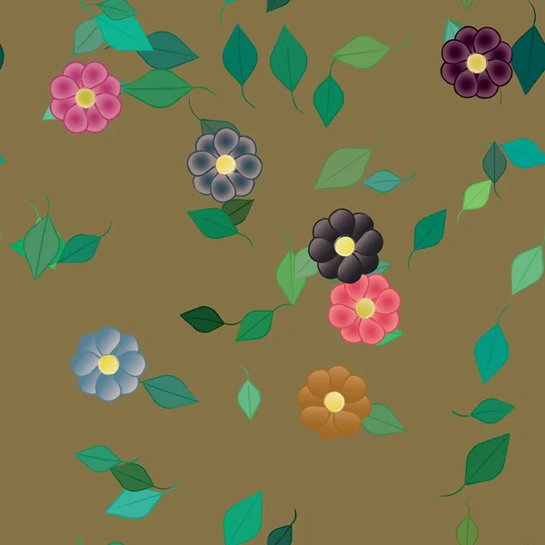 Flores Abstractas Con Hojas Verdes Fondo Sin Costuras Ilustración Vectorial — Archivo Imágenes Vectoriales