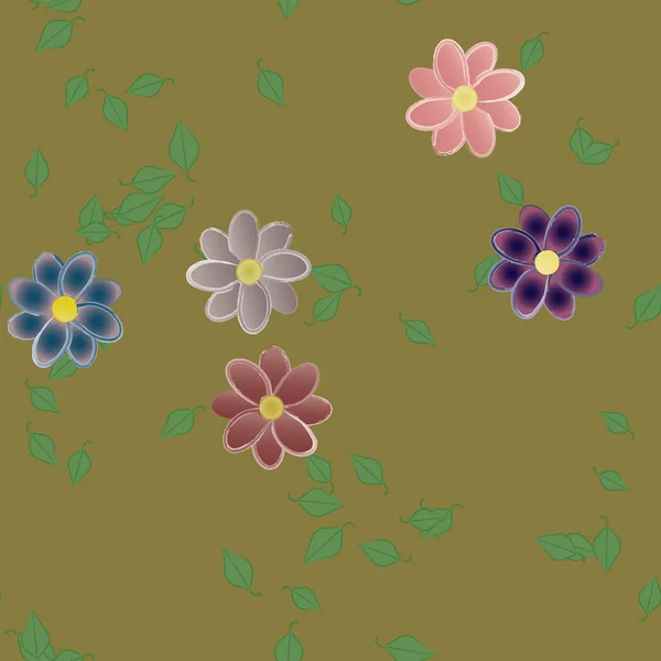 Motif Sans Couture Avec Des Fleurs Colorées Simples Feuilles Vertes — Image vectorielle