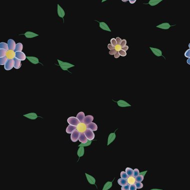 Basit renkli çiçeklerle kusursuz desen ve duvar kağıdı için yeşil yapraklar, vektör illüstrasyonu