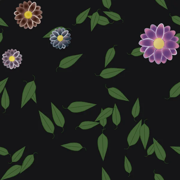 Mooie Compositie Met Eenvoudige Gekleurde Bloemen Groene Bladeren Vector Illustratie — Stockvector