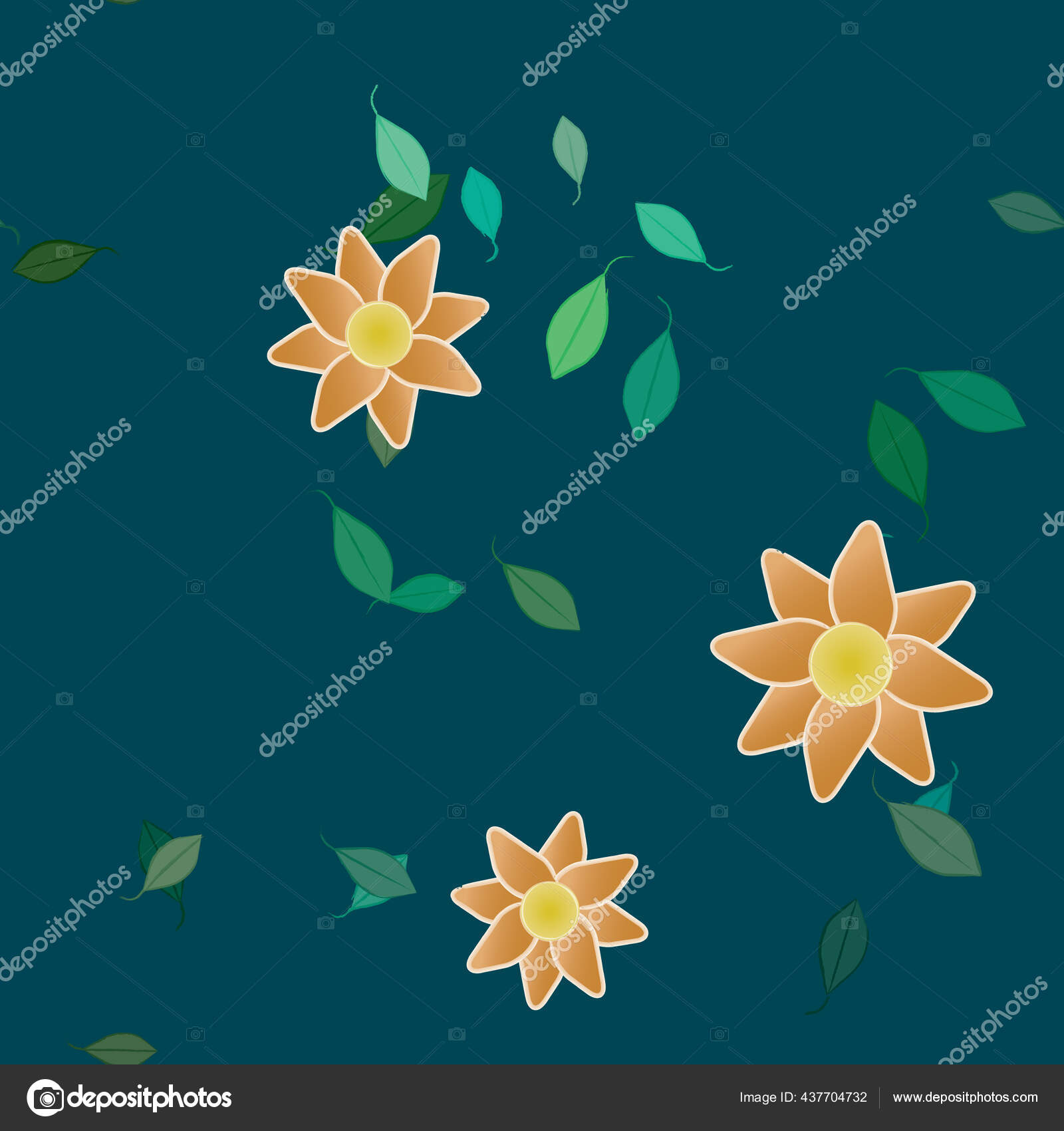 Бесшовный Узор Простыми Красочными Цветами Зелеными Листьями Обоев.