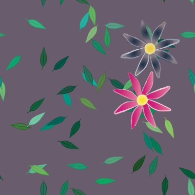 Basit renkli çiçekleri ve yeşil yaprakları olan güzel kompozisyon, vektör illüstrasyonu  