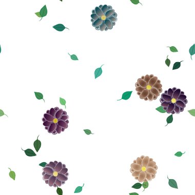 Basit renkli çiçekleri ve yeşil yaprakları olan güzel kompozisyon, vektör illüstrasyonu  