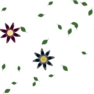 Basit renkli çiçekleri ve yeşil yaprakları olan güzel kompozisyon, vektör illüstrasyonu  