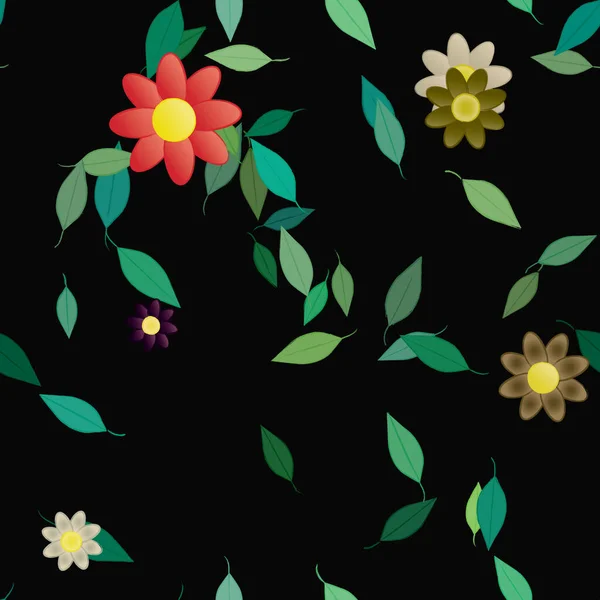 Flores Abstractas Con Hojas Verdes Fondo Sin Costuras Ilustración Vectorial — Vector de stock