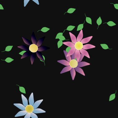 basit renkli çiçekleri olan serbest kompozisyon ve duvar kağıdı için yeşil yapraklar, vektör illüstrasyonu