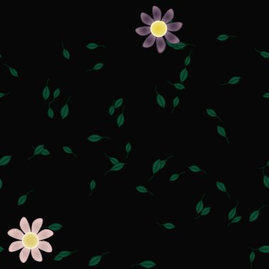 basit renkli çiçekleri olan serbest kompozisyon ve duvar kağıdı için yeşil yapraklar, vektör illüstrasyonu