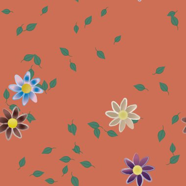 basit renkli çiçekleri olan serbest kompozisyon ve duvar kağıdı için yeşil yapraklar, vektör illüstrasyonu