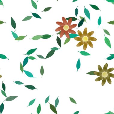 Basit renkli çiçeklerle kusursuz desen ve duvar kağıdı için yeşil yapraklar, vektör illüstrasyonu