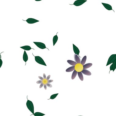 Basit renkli çiçeklerle kusursuz desen ve duvar kağıdı için yeşil yapraklar, vektör illüstrasyonu