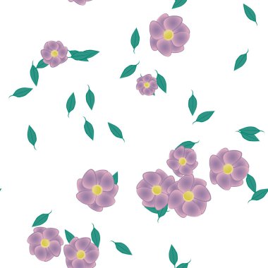 Basit renkli çiçeklerle kusursuz desen ve duvar kağıdı için yeşil yapraklar, vektör illüstrasyonu