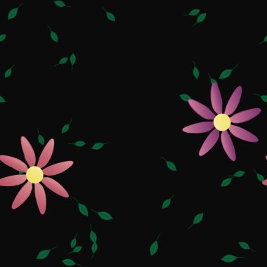 basit renkli çiçekleri olan serbest kompozisyon ve duvar kağıdı için yeşil yapraklar, vektör illüstrasyonu