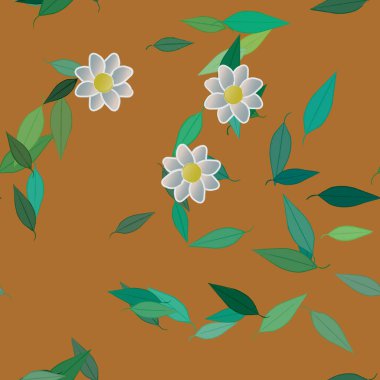 basit renkli çiçekleri olan serbest kompozisyon ve duvar kağıdı için yeşil yapraklar, vektör illüstrasyonu