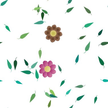 basit renkli çiçekleri olan serbest kompozisyon ve duvar kağıdı için yeşil yapraklar, vektör illüstrasyonu