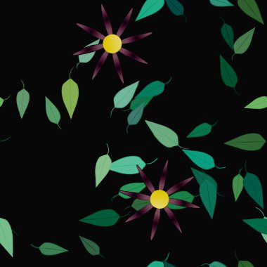 Basit renkli çiçeklerle kusursuz desen ve duvar kağıdı için yeşil yapraklar, vektör illüstrasyonu