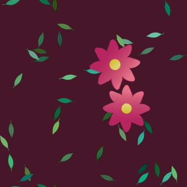 Basit renkli çiçeklerle kusursuz desen ve duvar kağıdı için yeşil yapraklar, vektör illüstrasyonu