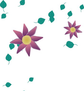 Basit renkli çiçeklerle kusursuz desen ve duvar kağıdı için yeşil yapraklar, vektör illüstrasyonu